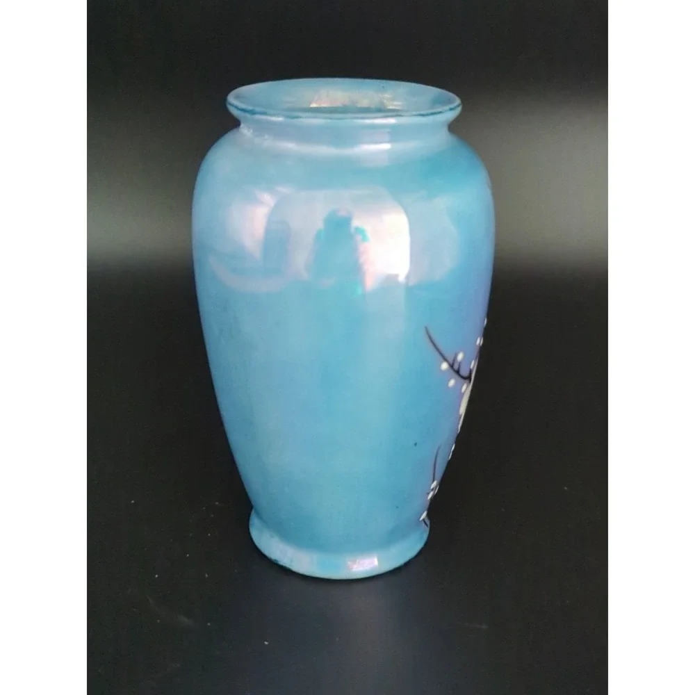 Vintage Blue Luster Dogwood Flower Vase 3.75 Inch Porcelain Ginger Jar Japan